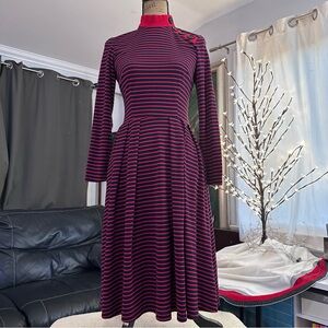 Bettie Page by Tatyana Red and Navy Blue Striped Long Sleeve Dress